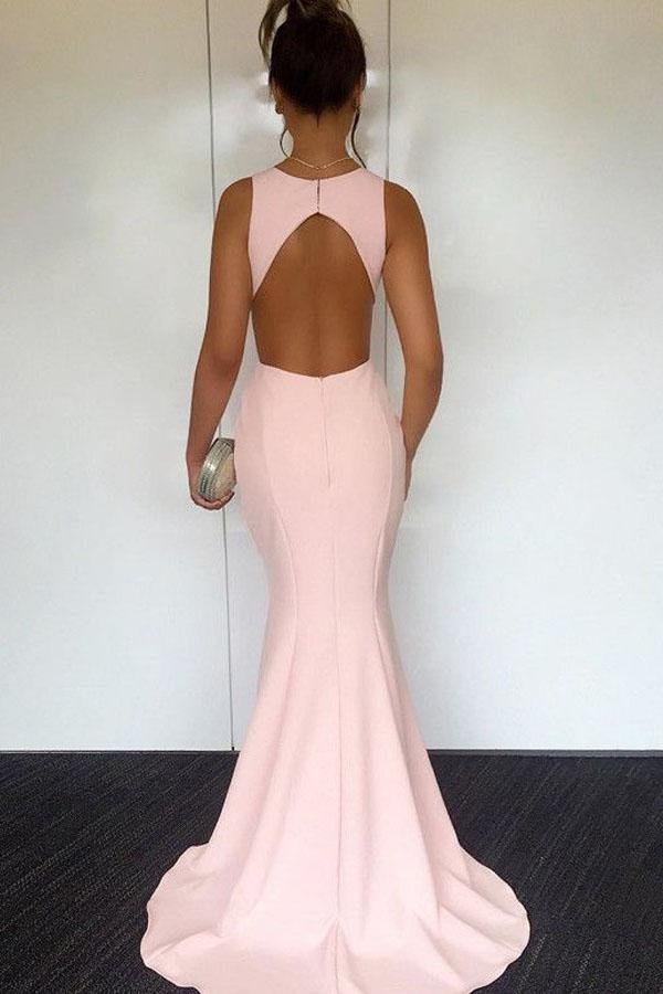 Vestido de noche formal con escote redondo, cola larga y sirena, color rosa perla, espalda abierta